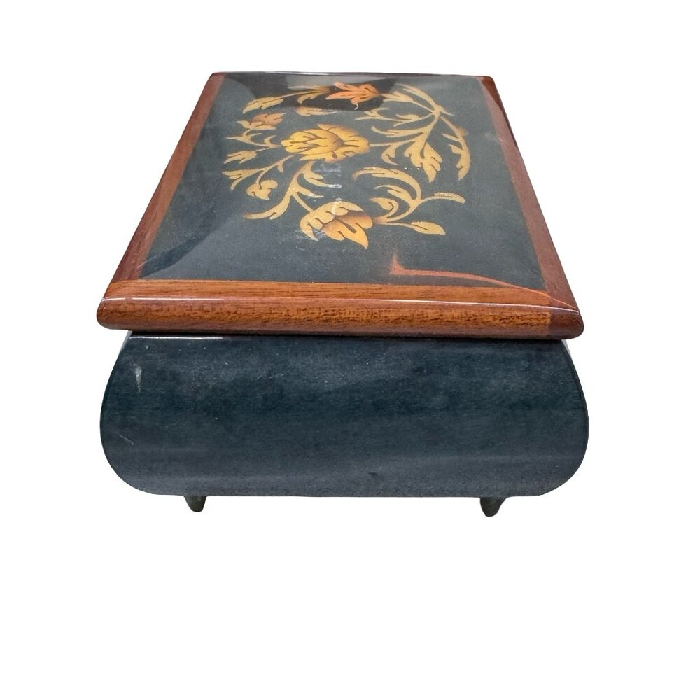 Reuge Inlaid Floral Jewelry Music Box Green Rectangle Italy Song Fascination VTG - Picture 9 of 11